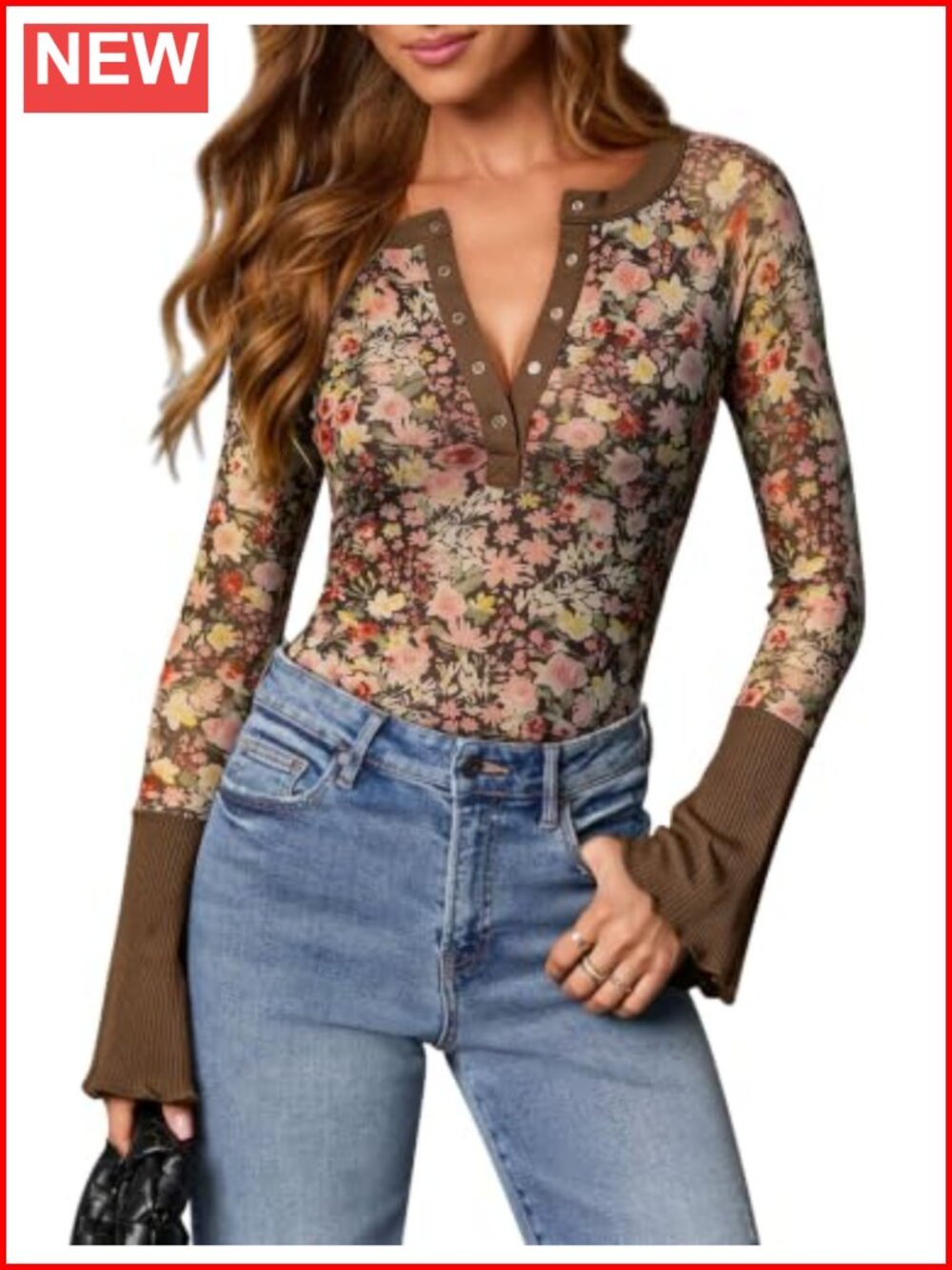 Womens Floral Mesh Boho Top V Neck Button Down Long Sleeve Blouse